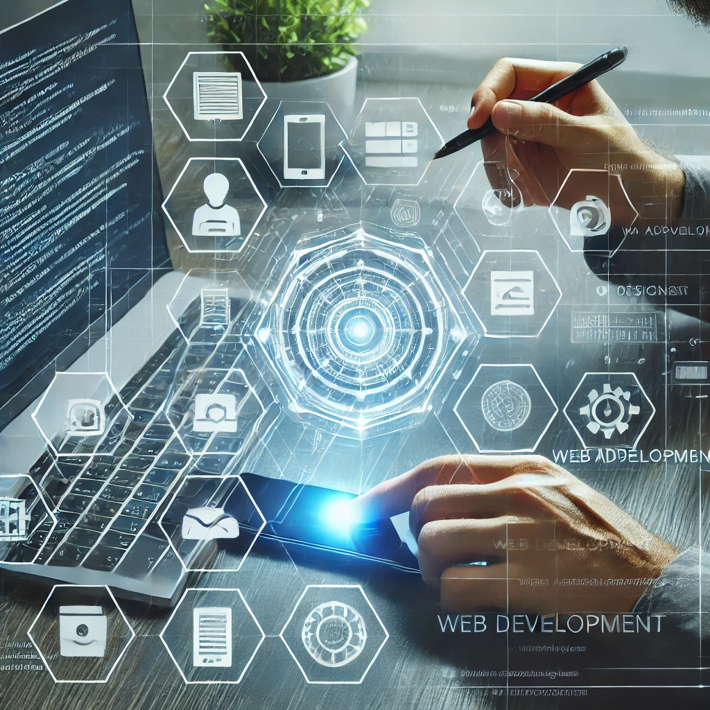 DALL·E 2024-10-24 18.19.36 - A visual representation of web application development, showing a developer working on coding and designing web apps. The image should include modern