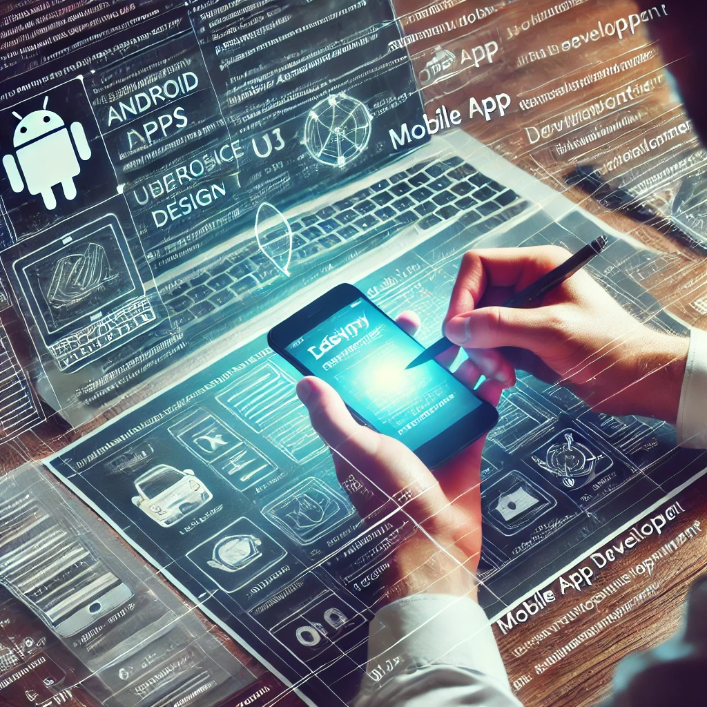 DALL·E 2024-10-24 18.19.39 - A visual representation of mobile application development, showing a developer designing mobile apps for both Android and iOS platforms. The image sho