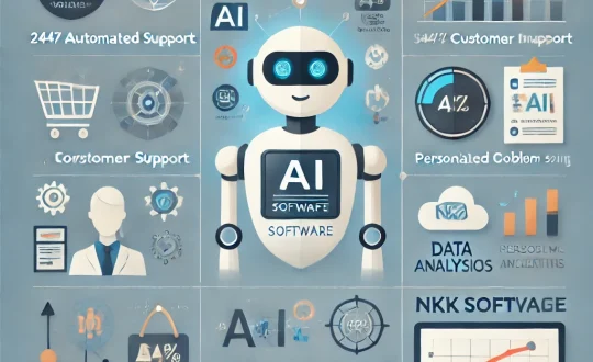 DALL·E 2024-11-05 10.09.43 - A professional infographic showcasing the benefits and applications of AI in customer service with a focus on how a company called NKK Software levera