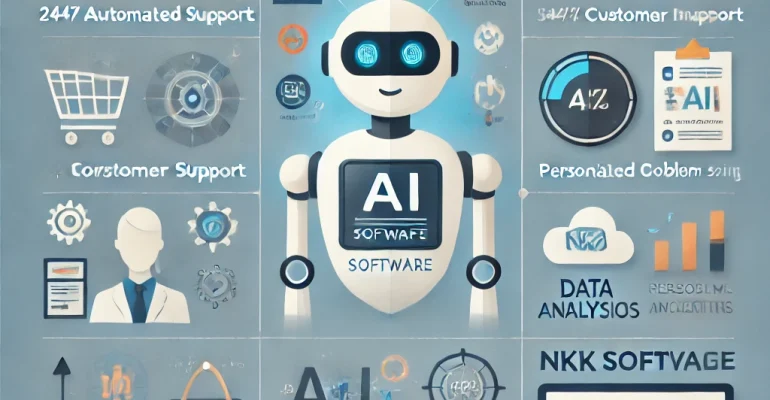 DALL·E 2024-11-05 10.09.43 - A professional infographic showcasing the benefits and applications of AI in customer service with a focus on how a company called NKK Software levera