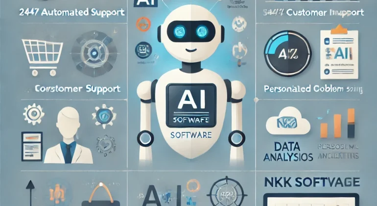 DALL·E 2024-11-05 10.09.43 - A professional infographic showcasing the benefits and applications of AI in customer service with a focus on how a company called NKK Software levera