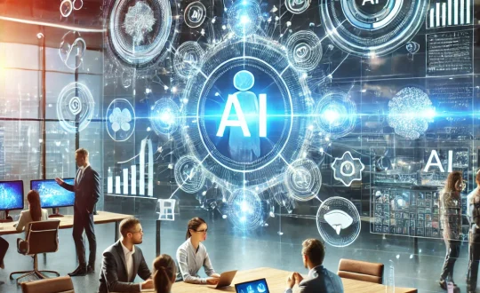 ' depicting a modern, dynamic technology-focused scene with various AI-driven digital elem