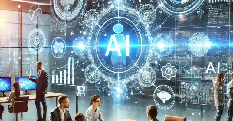 ' depicting a modern, dynamic technology-focused scene with various AI-driven digital elem