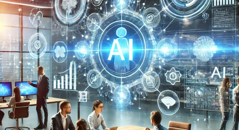 ' depicting a modern, dynamic technology-focused scene with various AI-driven digital elem