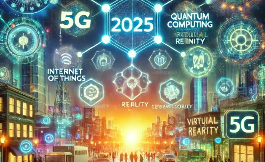 DALL·E 2024-11-08 17.00.53 - Futuristic illustration representing the top 10 technology trends for 2025. The image includes icons and symbols for artificial intelligence, blockcha