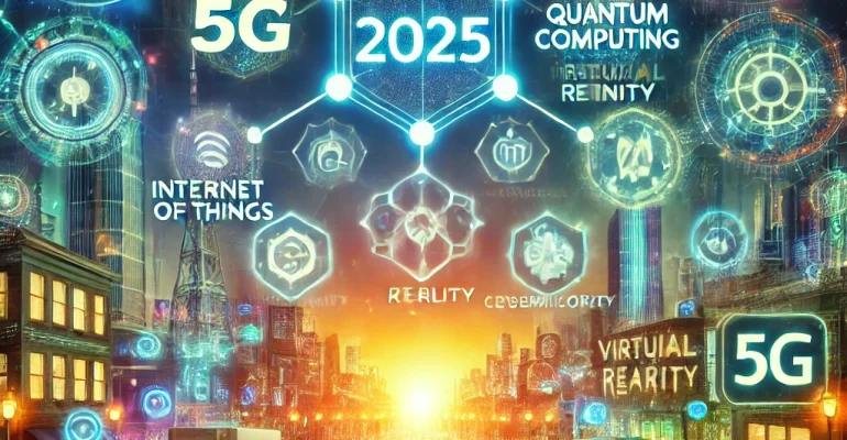 DALL·E 2024-11-08 17.00.53 - Futuristic illustration representing the top 10 technology trends for 2025. The image includes icons and symbols for artificial intelligence, blockcha