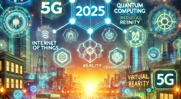 DALL·E 2024-11-08 17.00.53 - Futuristic illustration representing the top 10 technology trends for 2025. The image includes icons and symbols for artificial intelligence, blockcha