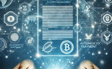 DALL·E 2024-12-04 11.59.53 - A 2D illustration representing blockchain in contract management, featuring a futuristic smart contract displayed on a glowing digital tablet. The bac