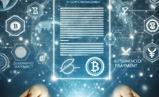 DALL·E 2024-12-04 11.59.53 - A 2D illustration representing blockchain in contract management, featuring a futuristic smart contract displayed on a glowing digital tablet. The bac