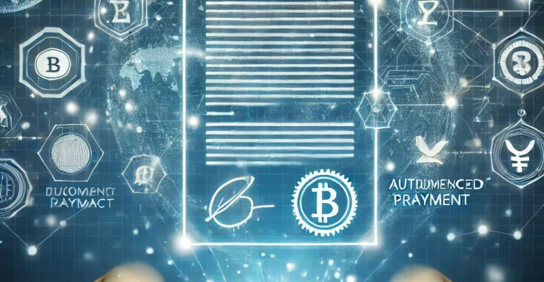 DALL·E 2024-12-04 11.59.53 - A 2D illustration representing blockchain in contract management, featuring a futuristic smart contract displayed on a glowing digital tablet. The bac