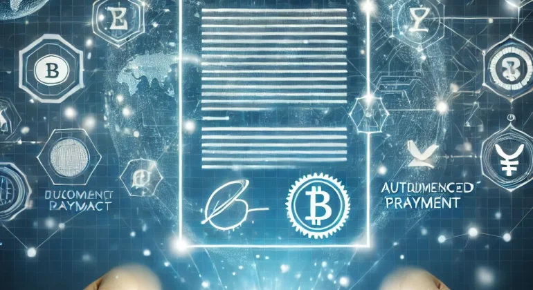 DALL·E 2024-12-04 11.59.53 - A 2D illustration representing blockchain in contract management, featuring a futuristic smart contract displayed on a glowing digital tablet. The bac
