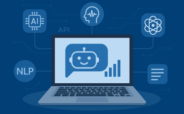 Illustration of an AI chatbot on a laptop screen surrounded by icons for API, NLP, AI, and language processing, representing technologies supporting Vietnamese chatbot development.