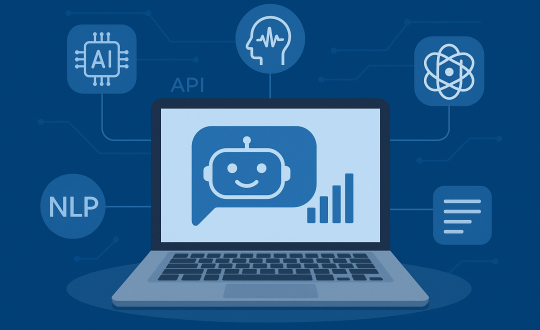 Illustration of an AI chatbot on a laptop screen surrounded by icons for API, NLP, AI, and language processing, representing technologies supporting Vietnamese chatbot development.