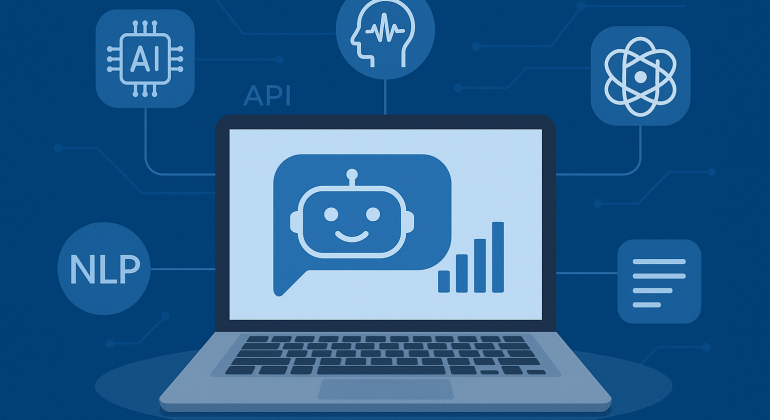 Illustration of an AI chatbot on a laptop screen surrounded by icons for API, NLP, AI, and language processing, representing technologies supporting Vietnamese chatbot development.