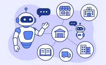 Flat-style illustration of an AI chatbot interacting with multiple industries, including retail, healthcare, education, logistics, banking, and real estate, symbolizing potential sectors for chatbot AI deployment in Vietnam.