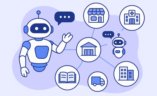 Flat-style illustration of an AI chatbot interacting with multiple industries, including retail, healthcare, education, logistics, banking, and real estate, symbolizing potential sectors for chatbot AI deployment in Vietnam.