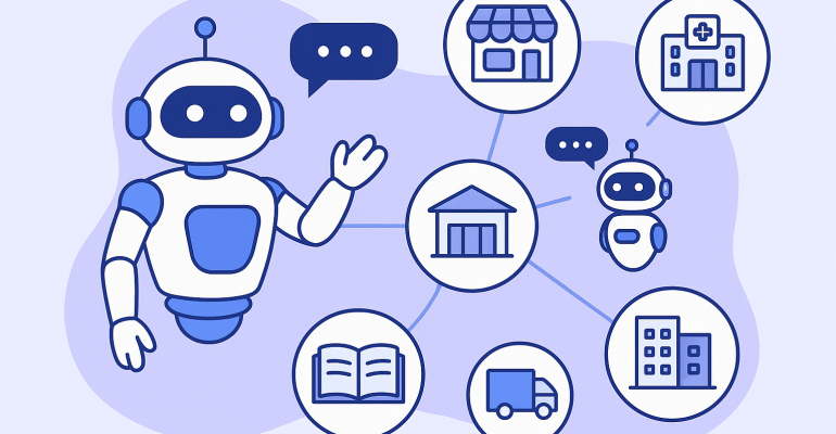 Flat-style illustration of an AI chatbot interacting with multiple industries, including retail, healthcare, education, logistics, banking, and real estate, symbolizing potential sectors for chatbot AI deployment in Vietnam.
