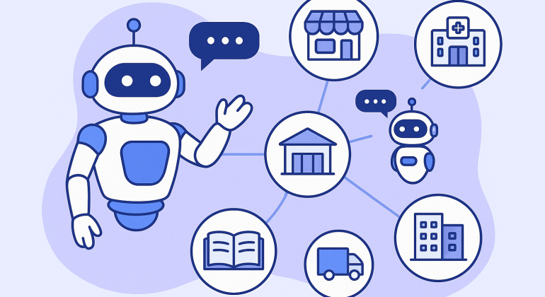 Flat-style illustration of an AI chatbot interacting with multiple industries, including retail, healthcare, education, logistics, banking, and real estate, symbolizing potential sectors for chatbot AI deployment in Vietnam.