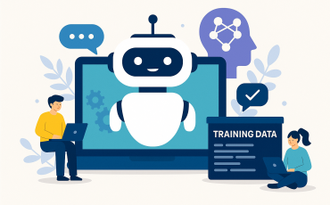 A 2D digital illustration showing the process of training a Vietnamese-language AI chatbot using natural language data, with symbolic elements representing user interaction, data input, and machine learning.