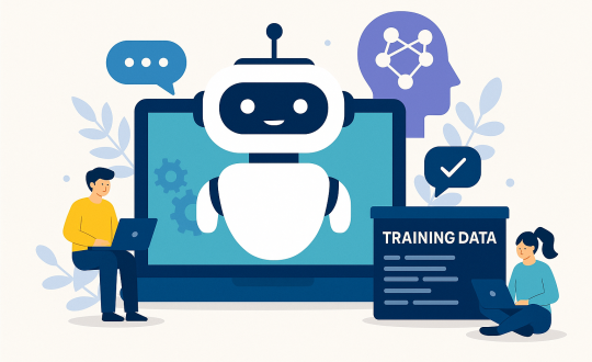 A 2D digital illustration showing the process of training a Vietnamese-language AI chatbot using natural language data, with symbolic elements representing user interaction, data input, and machine learning.