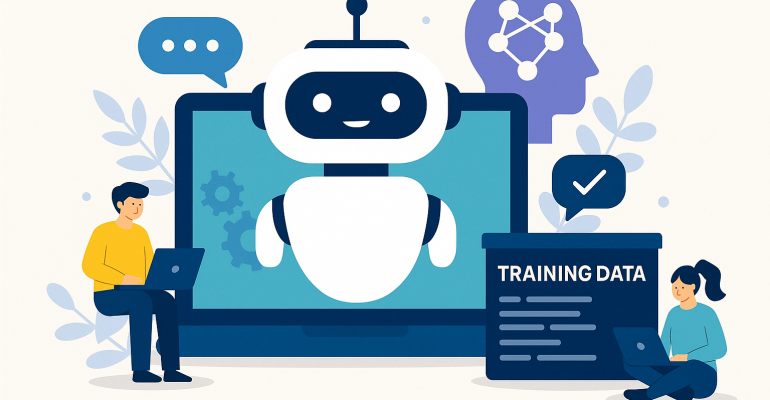 A 2D digital illustration showing the process of training a Vietnamese-language AI chatbot using natural language data, with symbolic elements representing user interaction, data input, and machine learning.