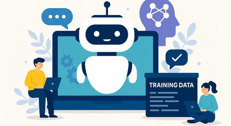 A 2D digital illustration showing the process of training a Vietnamese-language AI chatbot using natural language data, with symbolic elements representing user interaction, data input, and machine learning.