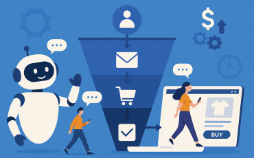 AI chatbot assisting customers through an automated sales funnel, illustrating interaction at each stage from lead generation to purchase on an e-commerce platform.