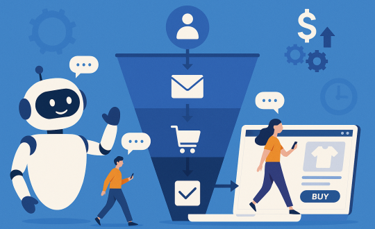 AI chatbot assisting customers through an automated sales funnel, illustrating interaction at each stage from lead generation to purchase on an e-commerce platform.