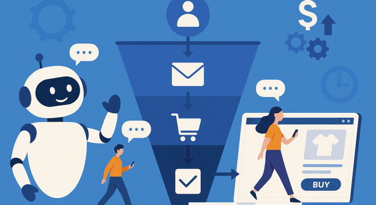 AI chatbot assisting customers through an automated sales funnel, illustrating interaction at each stage from lead generation to purchase on an e-commerce platform.