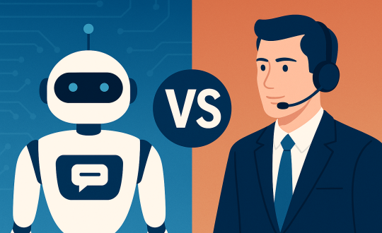 A visual comparison between an AI chatbot and a human employee, illustrating the contrast in customer service roles and efficiency.