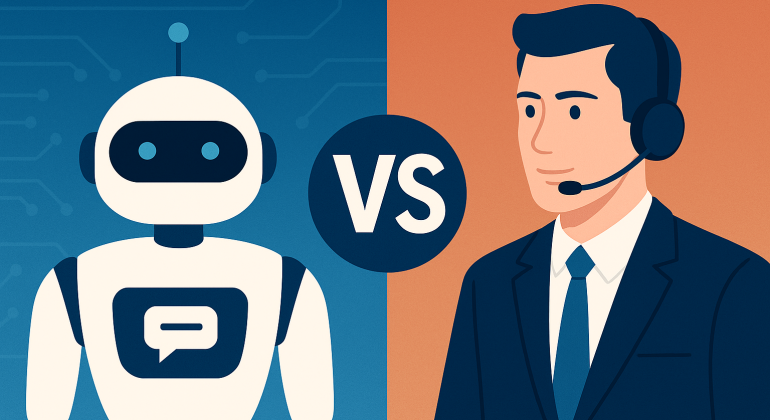 A visual comparison between an AI chatbot and a human employee, illustrating the contrast in customer service roles and efficiency.
