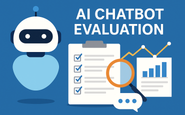 A 2D illustration showing an AI chatbot evaluation process, featuring a robot, checklist, magnifying glass, bar chart, and speech bubble—symbolizing performance analysis and accuracy measurement.