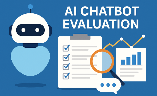 A 2D illustration showing an AI chatbot evaluation process, featuring a robot, checklist, magnifying glass, bar chart, and speech bubble—symbolizing performance analysis and accuracy measurement.