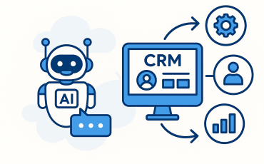 2D illustration of AI chatbot interacting with a CRM system, symbolizing automation and data synchronization in a business environment