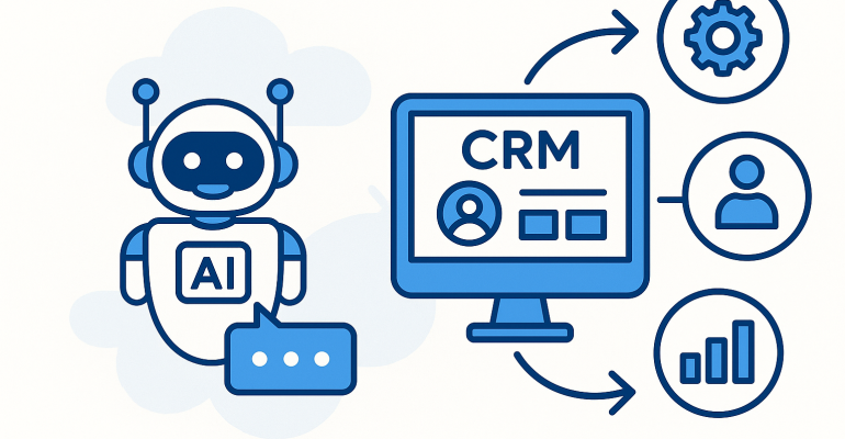 2D illustration of AI chatbot interacting with a CRM system, symbolizing automation and data synchronization in a business environment