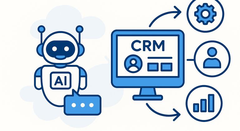 2D illustration of AI chatbot interacting with a CRM system, symbolizing automation and data synchronization in a business environment