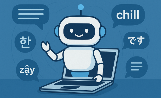 Illustration of a friendly AI chatbot emerging from a laptop, surrounded by speech bubbles with slang and local phrases in Vietnamese, English, and Japanese, symbolizing multilingual and regional language understanding.