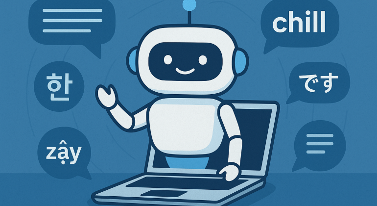 Illustration of a friendly AI chatbot emerging from a laptop, surrounded by speech bubbles with slang and local phrases in Vietnamese, English, and Japanese, symbolizing multilingual and regional language understanding.