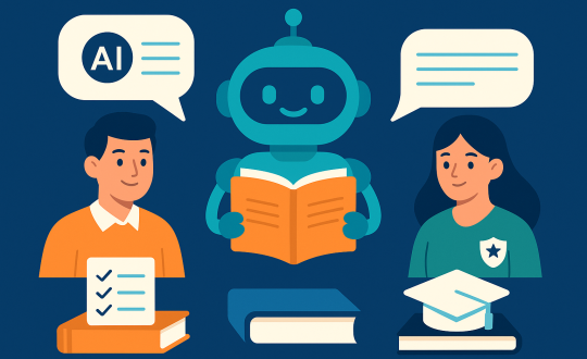 Illustration of a friendly AI chatbot assisting two students in an educational setting, with books, a graduation cap, and speech bubbles representing AI integration in education.