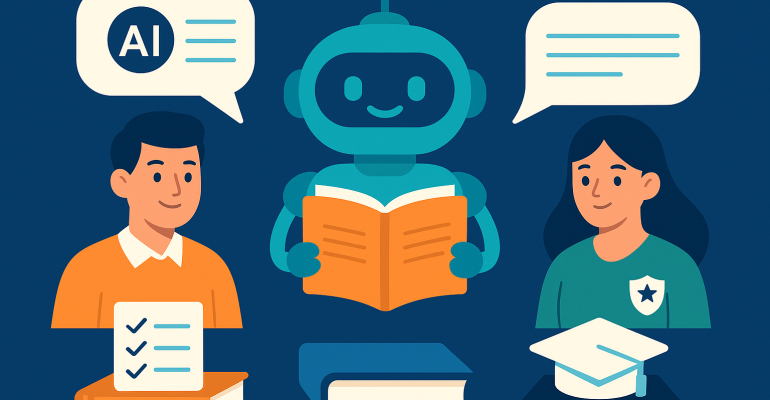 Illustration of a friendly AI chatbot assisting two students in an educational setting, with books, a graduation cap, and speech bubbles representing AI integration in education.