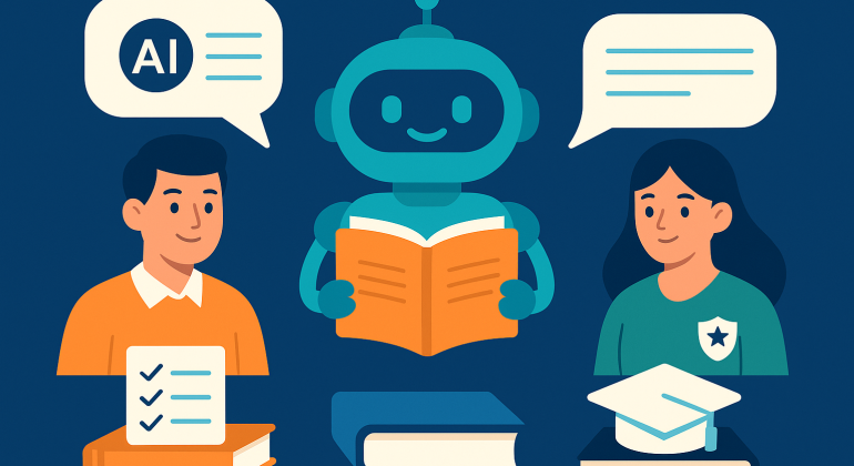 Illustration of a friendly AI chatbot assisting two students in an educational setting, with books, a graduation cap, and speech bubbles representing AI integration in education.