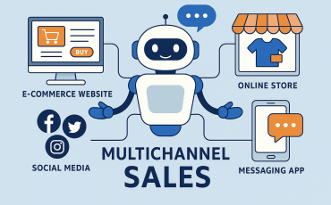 Illustration of a chatbot AI interacting across multiple sales channels including website, mobile app, social media, and messaging platforms, representing omnichannel customer engagement.