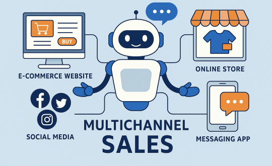 Illustration of a chatbot AI interacting across multiple sales channels including website, mobile app, social media, and messaging platforms, representing omnichannel customer engagement.