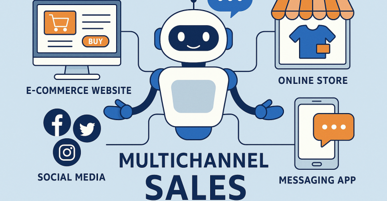 Illustration of a chatbot AI interacting across multiple sales channels including website, mobile app, social media, and messaging platforms, representing omnichannel customer engagement.