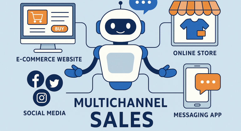 Illustration of a chatbot AI interacting across multiple sales channels including website, mobile app, social media, and messaging platforms, representing omnichannel customer engagement.