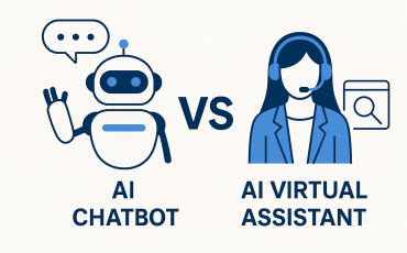 A comparison between an AI chatbot and a virtual assistant: a friendly robot representing the chatbot on the left, and a professional woman with a headset representing the virtual assistant on the right, with a 'VS' symbol in the center.