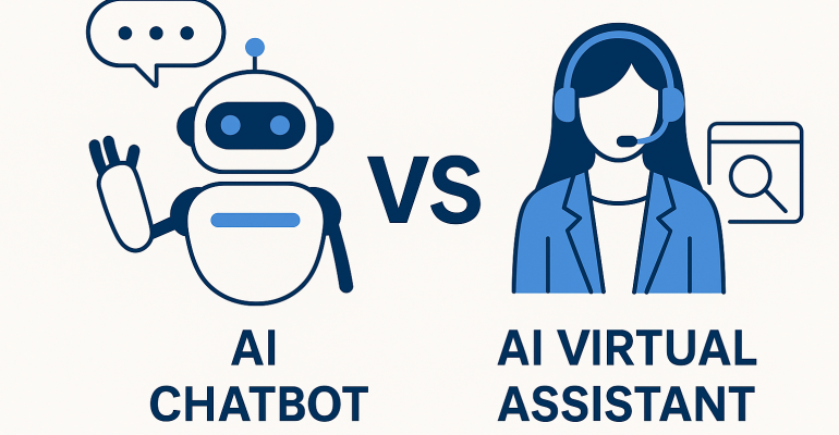 A comparison between an AI chatbot and a virtual assistant: a friendly robot representing the chatbot on the left, and a professional woman with a headset representing the virtual assistant on the right, with a 'VS' symbol in the center.
