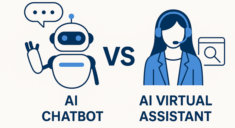 A comparison between an AI chatbot and a virtual assistant: a friendly robot representing the chatbot on the left, and a professional woman with a headset representing the virtual assistant on the right, with a 'VS' symbol in the center.