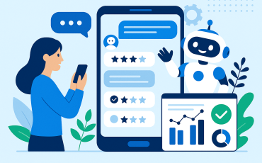 A flat-style digital illustration representing an AI chatbot conducting automated customer surveys via messaging platforms, suitable for global business use