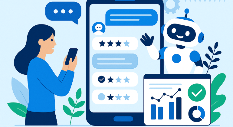 A flat-style digital illustration representing an AI chatbot conducting automated customer surveys via messaging platforms, suitable for global business use